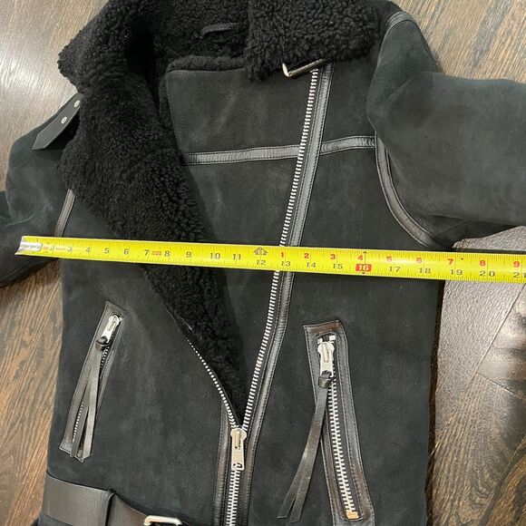 All Saints Rei Jacket Womens Small Black Shearling Sheepskin Lamb Leather Biker - Picture 16 of 16